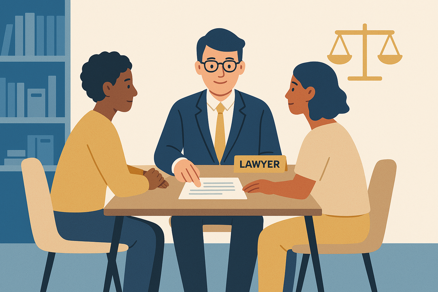 Profesional de conciliación legal en Granada guiando a dos personas hacia un acuerdo extrajudicial